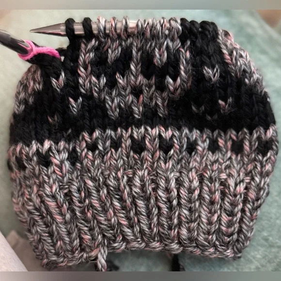 Handmade Hand Crafted Adult Knit Skull and Heart hat black gray and pink - Picture 5 of 5